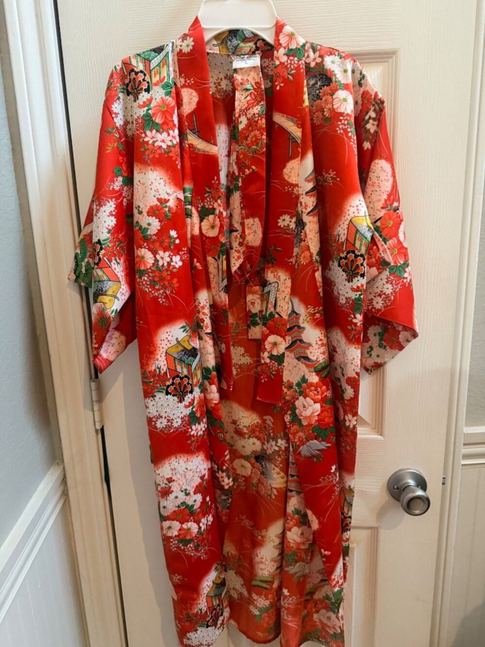 Vintage Red Floral Japanese Kimono With Obi Belt (L)